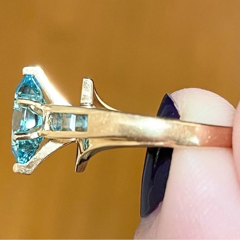 Vintage 1.35 swiss blue topaz marquis large baguette 14k solid yellow gold ring - Picture 8 of 10